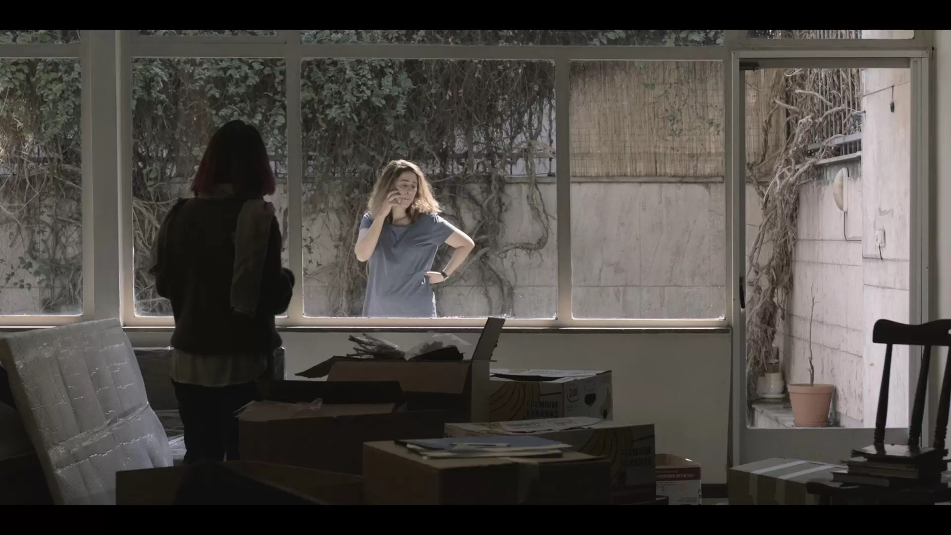 Two women speaking across a sunlit window